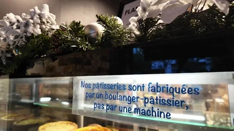 French bakery showcase. Announcement of handmade pastries. Stock Footage 298967726