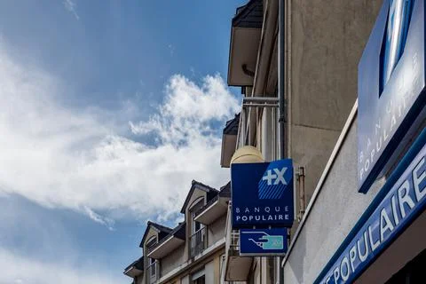 French Banque Populaire logo on side of french bank with brand signage in Por Stock Photos