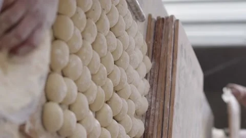 French bread elaboration. Concept of food industries. Stock Footage 221216536