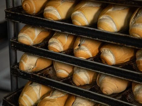 French bread in production inside the bakery Stock Photos