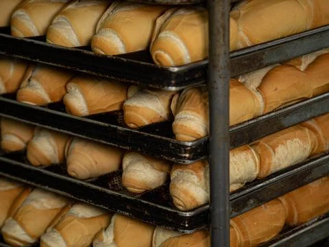French bread in production inside the bakery Stock Photos