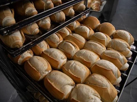 French bread in production inside the bakery Stock Photos