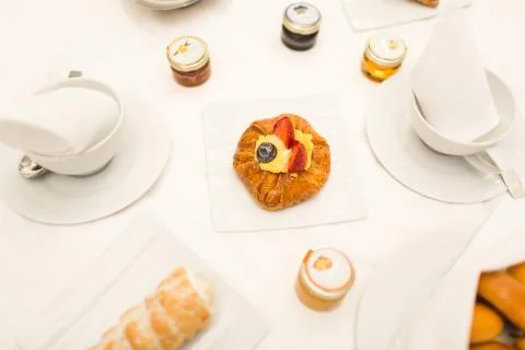 French breakfast in bed at hotel Stock Photos