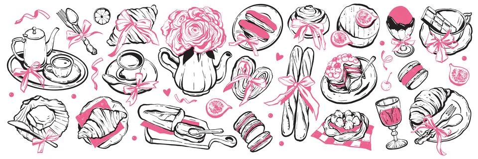 French breakfast doodle set, vector hand drawn Paris lunch Stock Illustration