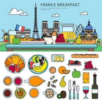 French breakfast flat line vector against the background of French sights Stock Illustration