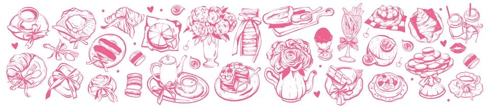 French breakfast illustration set, vector hand drawn coquettish eatery 스톡 일러스트
