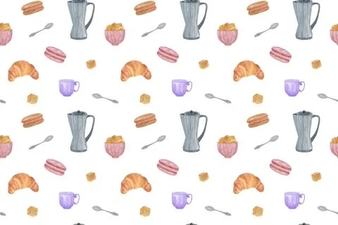 French breakfast repeat pattern of watercolor elements Stock Illustration