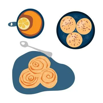 French breakfast, tea with lemon and cinnamon, oat Stock Illustration