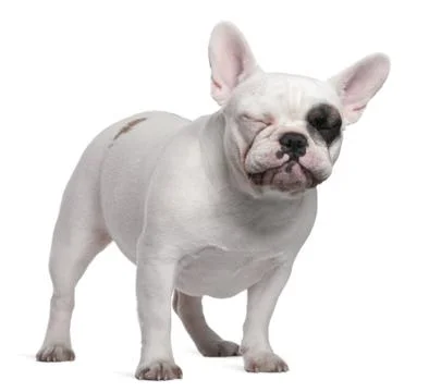 French bulldog closing its eyes, 12 months old, standing in front of white backg Stock Photos