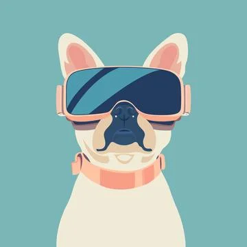 French Bulldog in VR glasses. Solid blue background Illustrazione stock