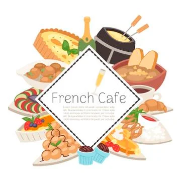 French cafe food menu vector illustration. French cheese, fondue, onion soup Stock Illustration