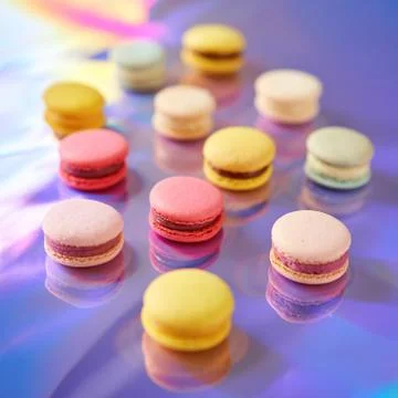 French cake macaron. Set of cute sweets on colorful rainbow background. almond Foto stock