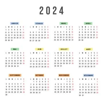 French calendar 2024 year. Vector stationery square calendar week starts Monday Stock Illustration