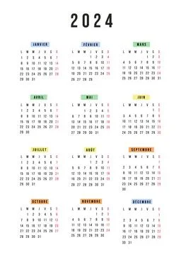 French calendar 2024 year. Vector stationery calendar week starts Monday. Yearly Stock Illustration