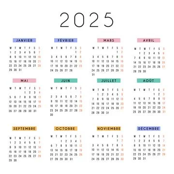 French calendar 2025 year. Vector stationery square calendar week starts Monday Stock Illustration