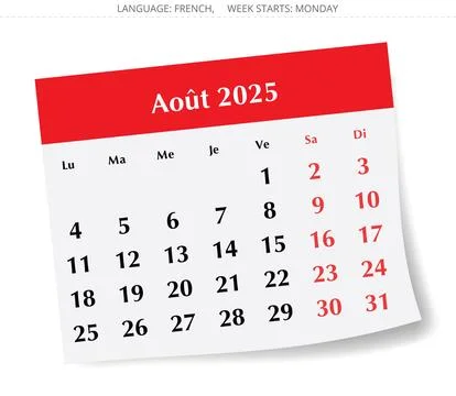 French calendar for august 2025. Vector illustration of month page for France Illustrazione stock
