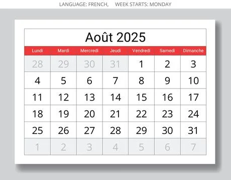 French calendar for august 2025. Vector illustration of month page France Illustrazione stock