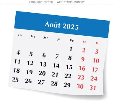 French calendar for August 2025. Vector illustration of month paper page Fran Illustrazione stock