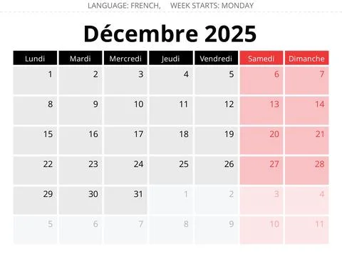 French calendar for december 2025. Vector illustration of winter month for .. Stock Illustration