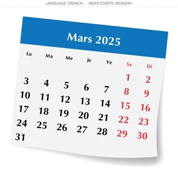 French calendar for march 2025. Vector illustration of winter month paper p.. Stock Illustration