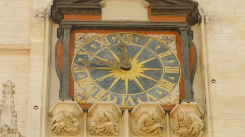French Cathedral Exterior Clock Face with Four Saints Stock Footage 101190793