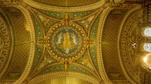 French Cathedral with Mural on Ceiling Wide Stock Footage 101201223