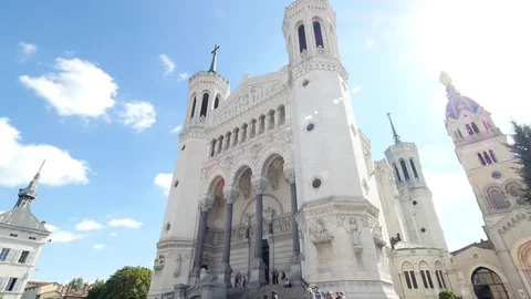 French Cathedral Right Wide angle with toursits in front and Flare Stock Footage 101195935