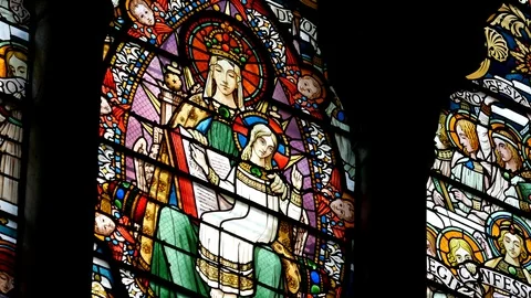 French Cathedral with Stained Glass Window Close up Stock Footage 101201829