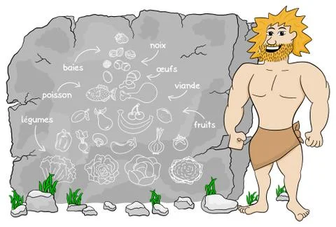 French cave man explains paleo diet using a food pyramid drawn on stone Stock Illustration