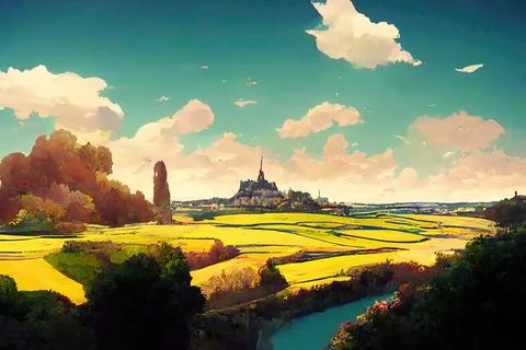 French countryside, rolling green fields Stock Illustration