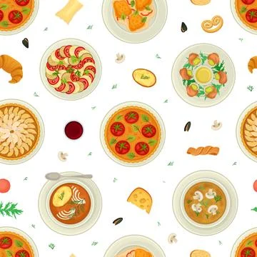 French Cuisine Seamless Pattern Design with Tasty Dish Top View Vector Template Stock Illustration