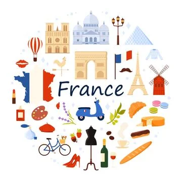 French culture elements and landmarks, flag and map of France, food in round Stock Illustration