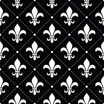 French Damask background - Fleur de lis white pattern on black Stock Illustration