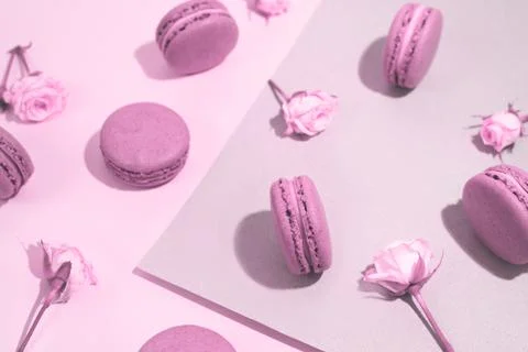 French dessert macarons pattern with rose flowers. Stock Photos