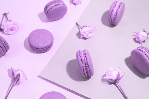 French dessert macarons pattern with rose flowers. Stock Photos