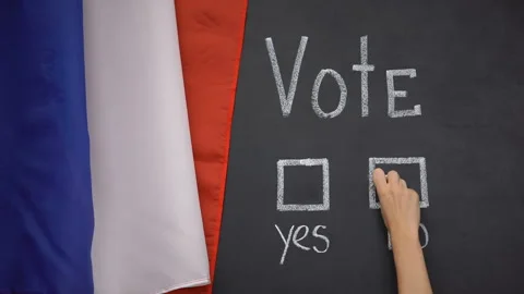 French flag on background, hand marking no answer in vote, social opinion poll Stock Footage 113974412