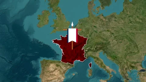 French flag banner animated over a map of France in Europe Vídeos de archivo 335144708