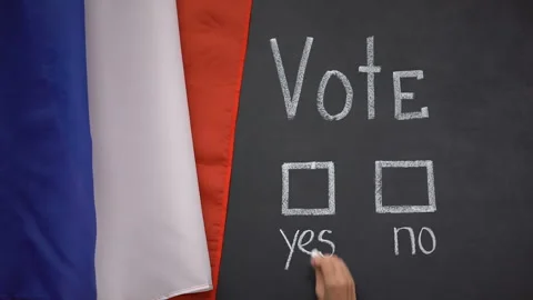 French flag on blackboard, hand marking yes answer in vote, president election Stock Footage 113975434