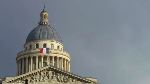 French flag blowing in wind, on the Paris Pantheon in Slow Motion. French Stock Footage 132717738