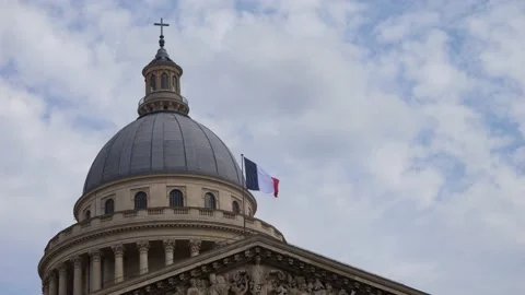 The French flag blows in the wind on the top of the Pantheon, Paris, 4K Stock Footage 205506887
