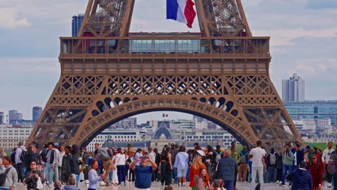 French flag in the design of the Eiffel Tower on National Day. Paris, France, 24 Stock Footage 313482117