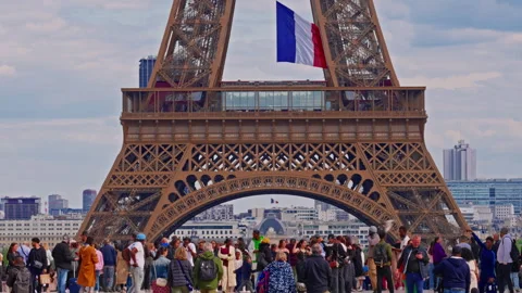 French flag in the design of the Eiffel Tower on National Day. Paris, France, 24 Stock Footage 314442419