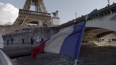 French flag, Eiffel tower background. City of paris. Super Slow motion 4K Stock Footage 255038134