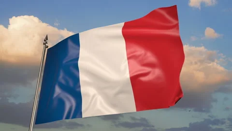 French flag on a flagpole. 3D animation against a blue sky with clouds Video stock 205005086