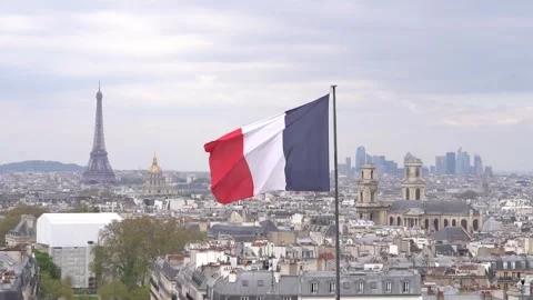 French Flag Floating In the Wind Over Paris Skyline, Main Monument and La Stock Footage 260366973