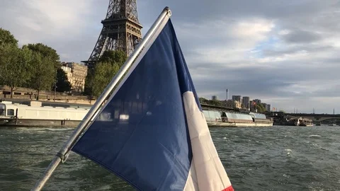 French Flag, Senna River, Eiffel Tower on a boat Stock Footage 127789276