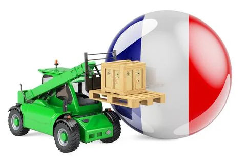 French flag with telescopic handler truck and parcel. Cargo shipping in Franc Stock Illustration