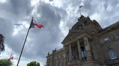 French flag waving against cloudy sky, Strasbourg, France 库存影片 277546309