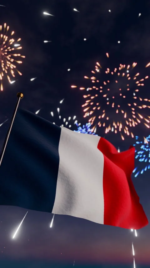 French Flag Waving During Bastille Day Fireworks at Night Stock Footage 339079504