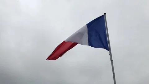 French flag waving before gray sky with copy space Stock Footage 94202998